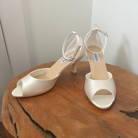 Satin Peep Toe Heels, Perfect Bridal Shoe with Ankle Strap - Picture 3 of 7